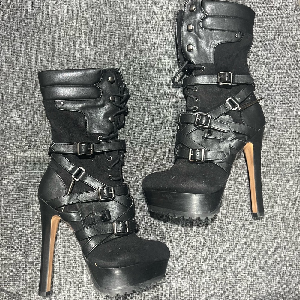 Mid Calf Black Suede & Faux Leather Boots